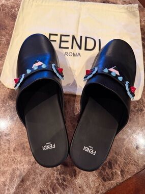 Fendi Black Leather Slip-On Mules with Pink, Light Blue and Red Studs